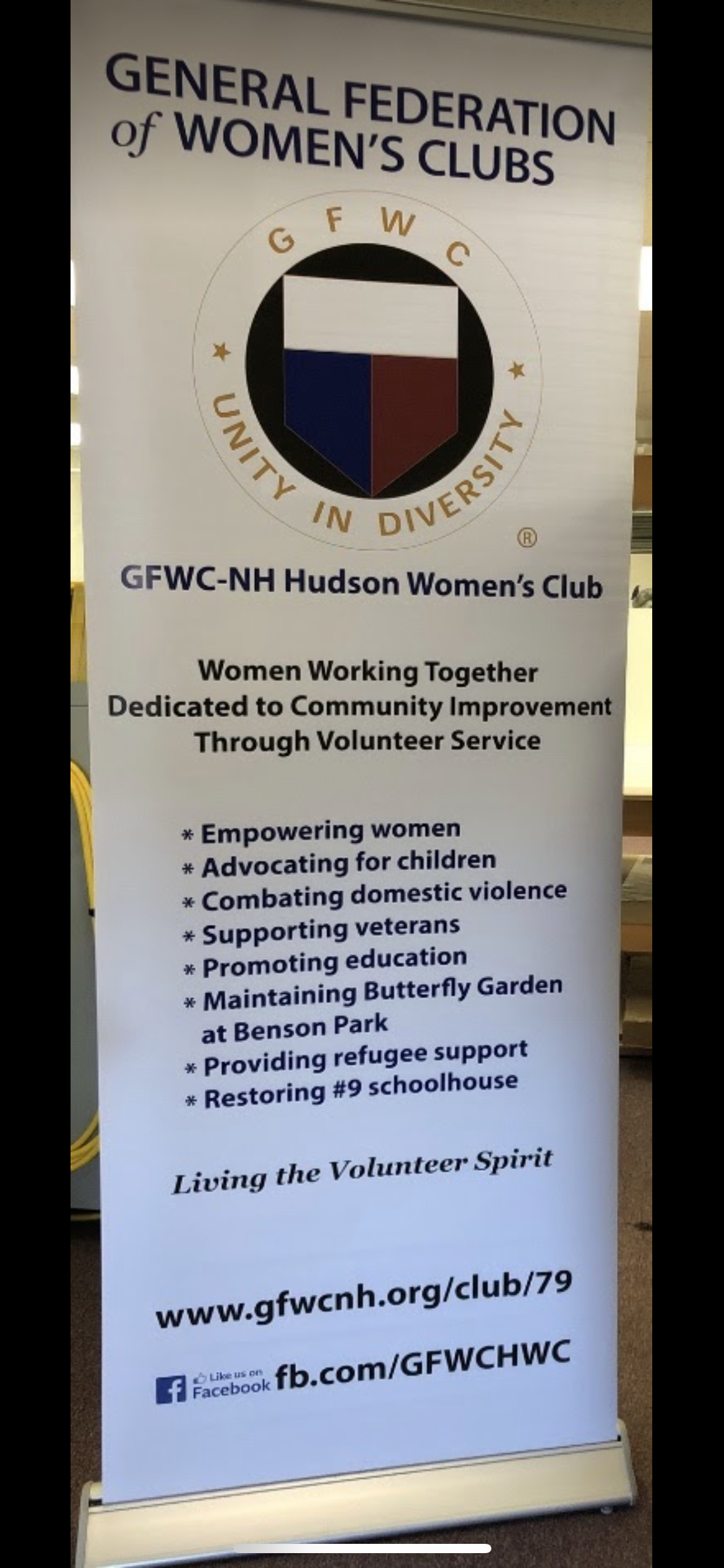 Picture of our club stand up banner which has the GFWC logo and lists activities we do